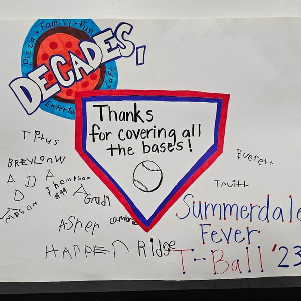 A thank you note from Summerdale Fever T-Ball '23 to Decades Family Restaurant, with signatures.