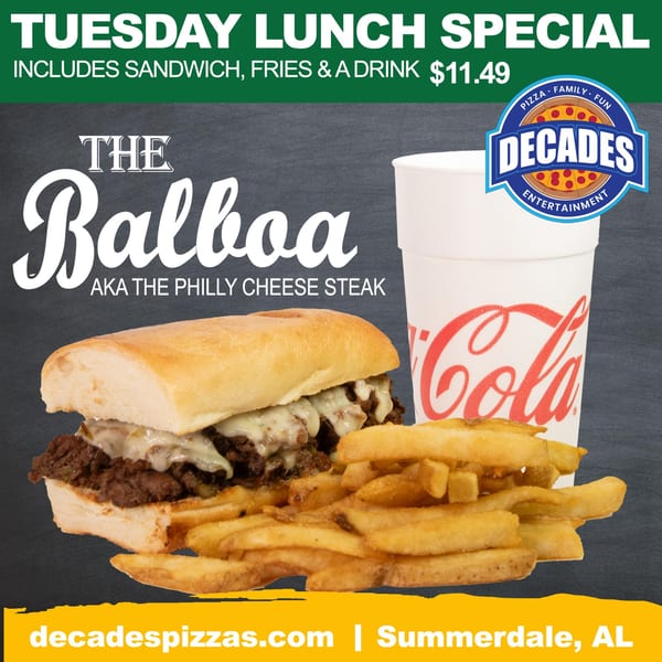 Decades Family Restaurant's Balboa Philly cheesesteak with fries and a Coca-Cola drink.