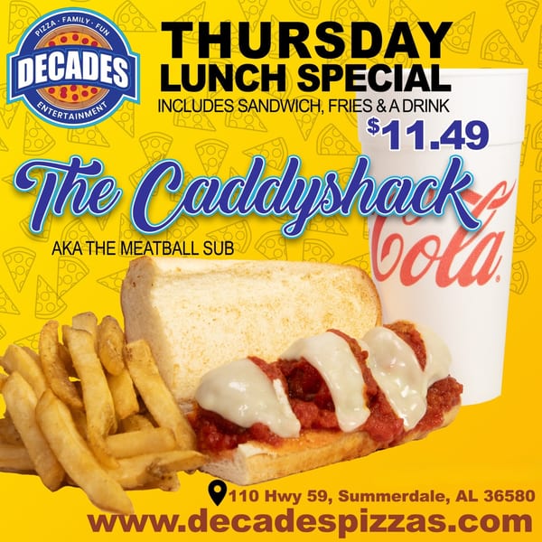 Decades Family Restaurant's "The Caddyshack" meatball sub with fries and a drink on a yellow background.