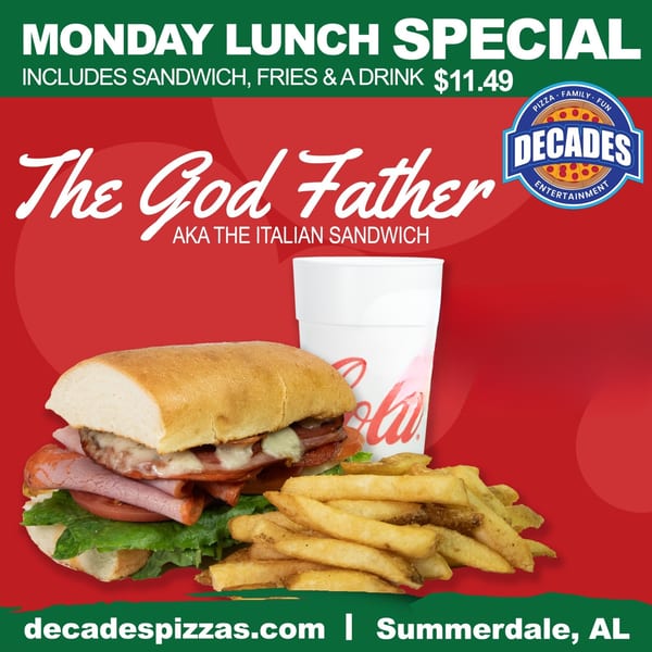 Decades Family Restaurant's "The Godfather" Italian sandwich with fries and a drink on a red background.